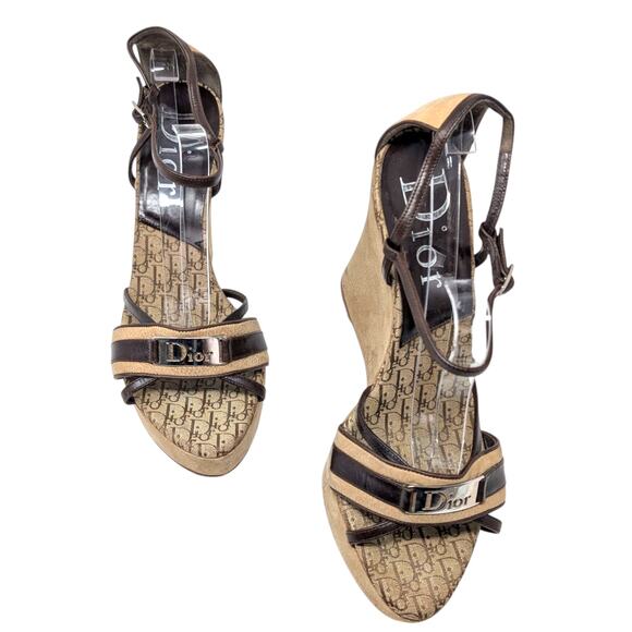 Christian Dior Monogram Strappy Wedge Sandals Brown Beige 39.5
